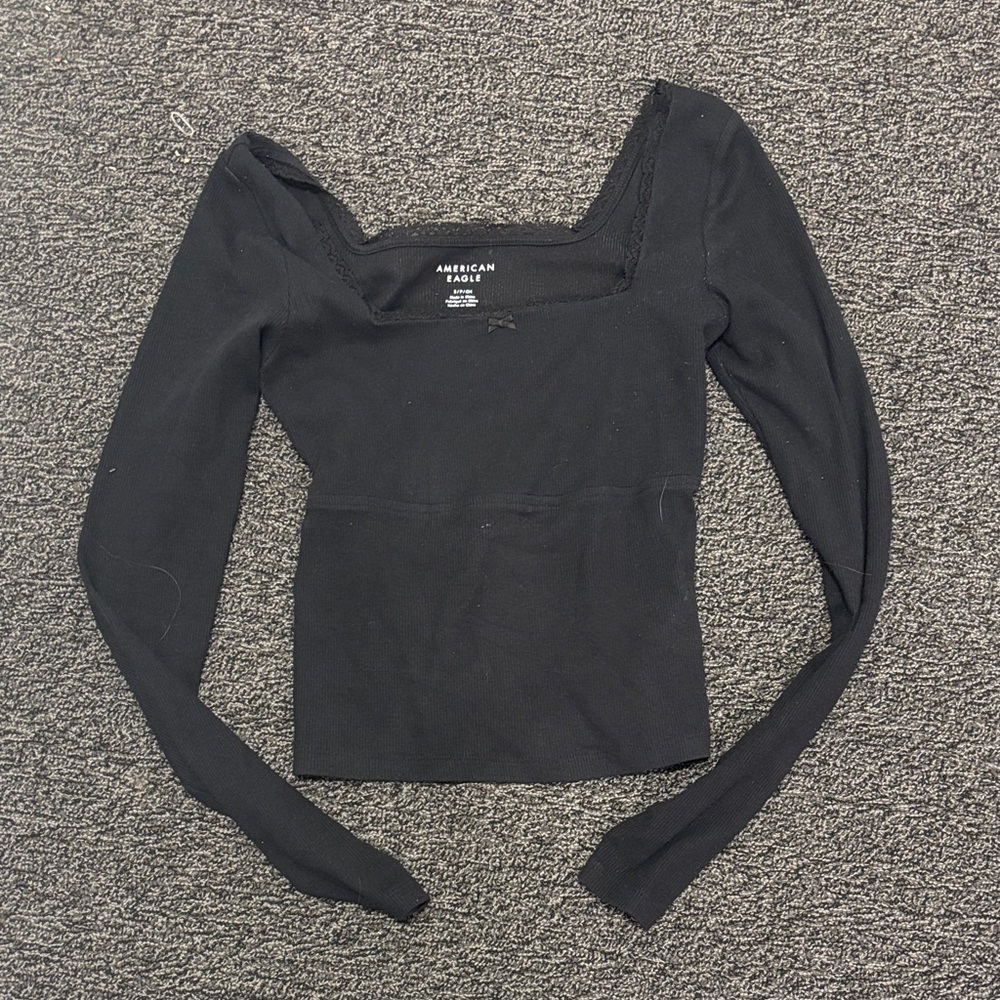 American Eagle Outfitters Women's Black Square Neck Long Sleeve Top